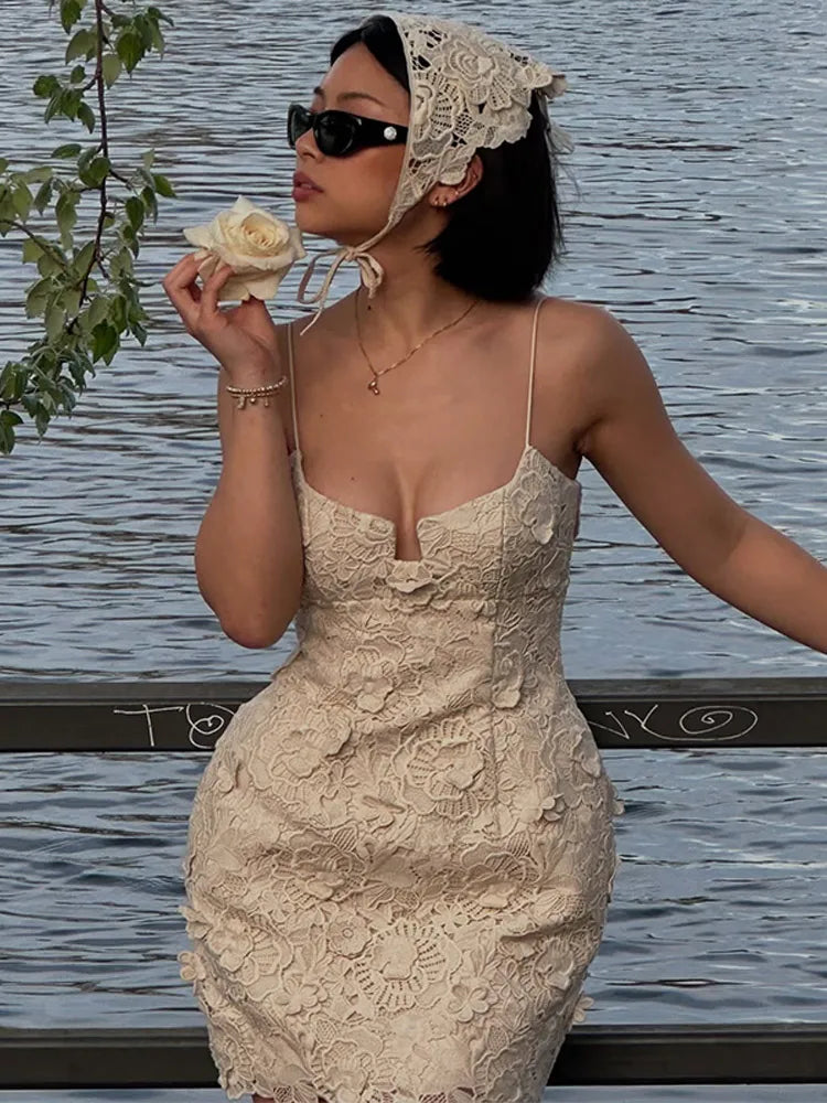 Lace Flower Halter Women Short Dress Crochet Deep V Suspender Sexy Backless Strap Gown Cinched Waist Slimming Camisole Dresses