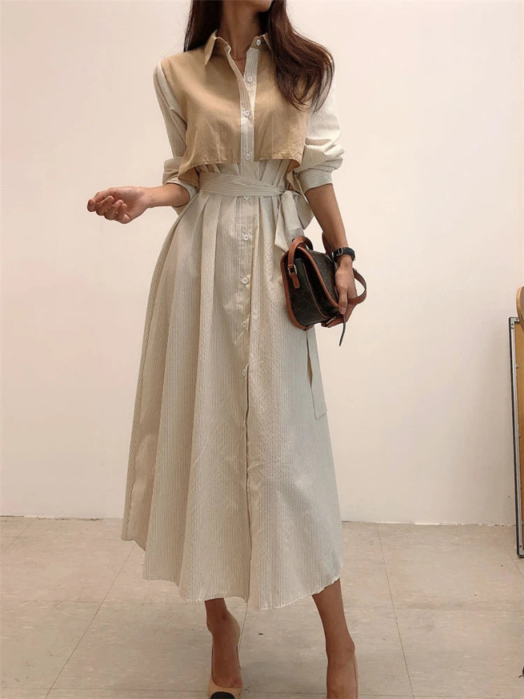 REALEFT Autumn French Striped Women's Shirts Dresses Lace Up Straight Korean Casual Loose A-Line Long Dress Female 2023 New