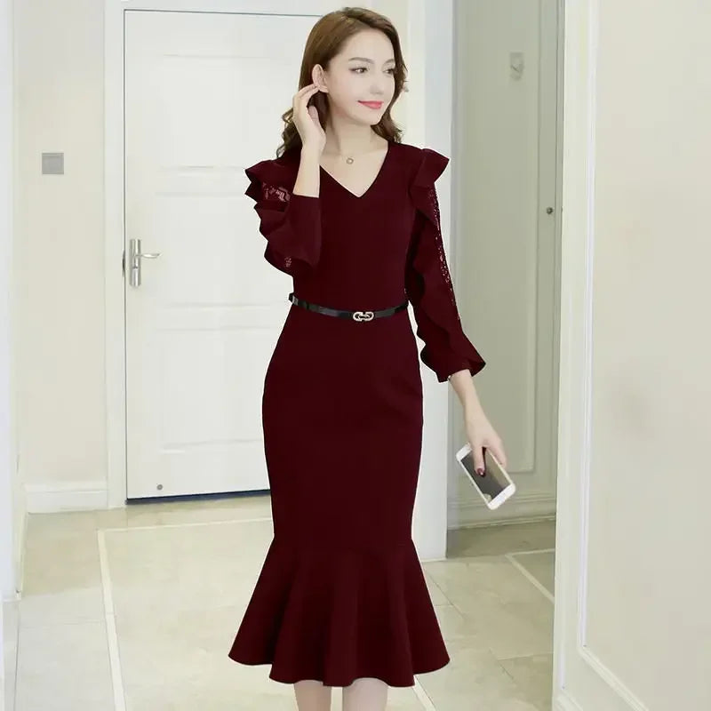 Chiffon Dresses for Women Lace Midi X Korean Style Elegant Chic Beautiful Fashion Designer Hot Vintage G Woman Long Sleeve Dress