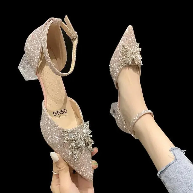Crystal Silver Footwear Pointed Toe Women's Shoes Summer 2024 Thick Heel Sandals for Woman with Medium Heels Bow Anti Slip Hot F