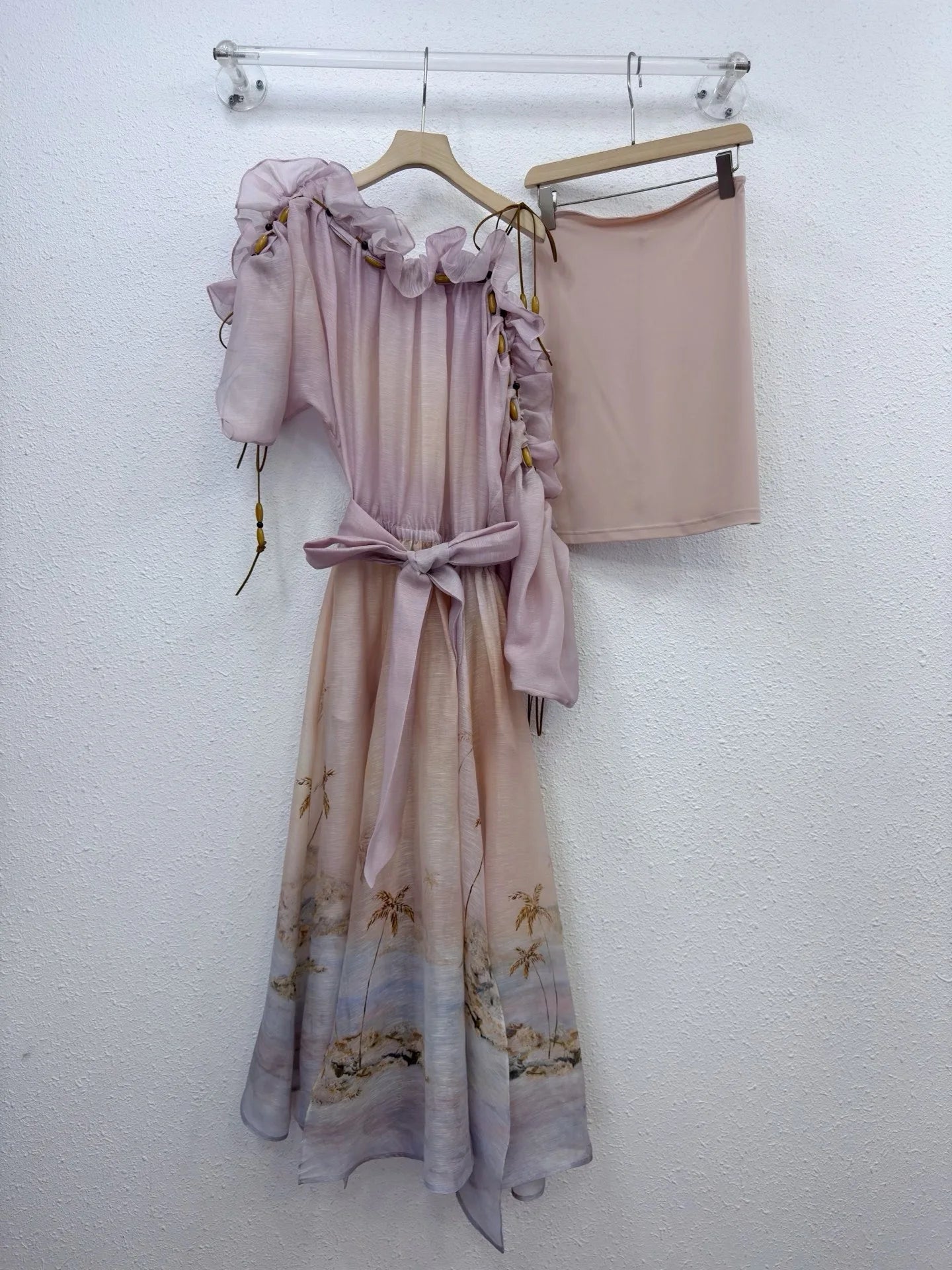 Zimm Women Silk Linen Printing Slash Neck Midi Dress Chic Vintage Bohemian Elegant Luxury High Quality Beach Style Runway Sweet