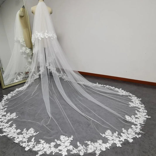 Customized Real Photos 3m/3.5m/4m Lace Edge Wedding Veil with Blusher 2 Tiers  Comb Ivory/White  for Wedding