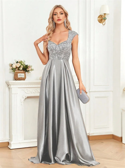 Elegant Sequins Formal Evening Dress For Women 2025 Luxury U-neck Satin Prom Floor Length Cocktail Party Graduation Gowns
