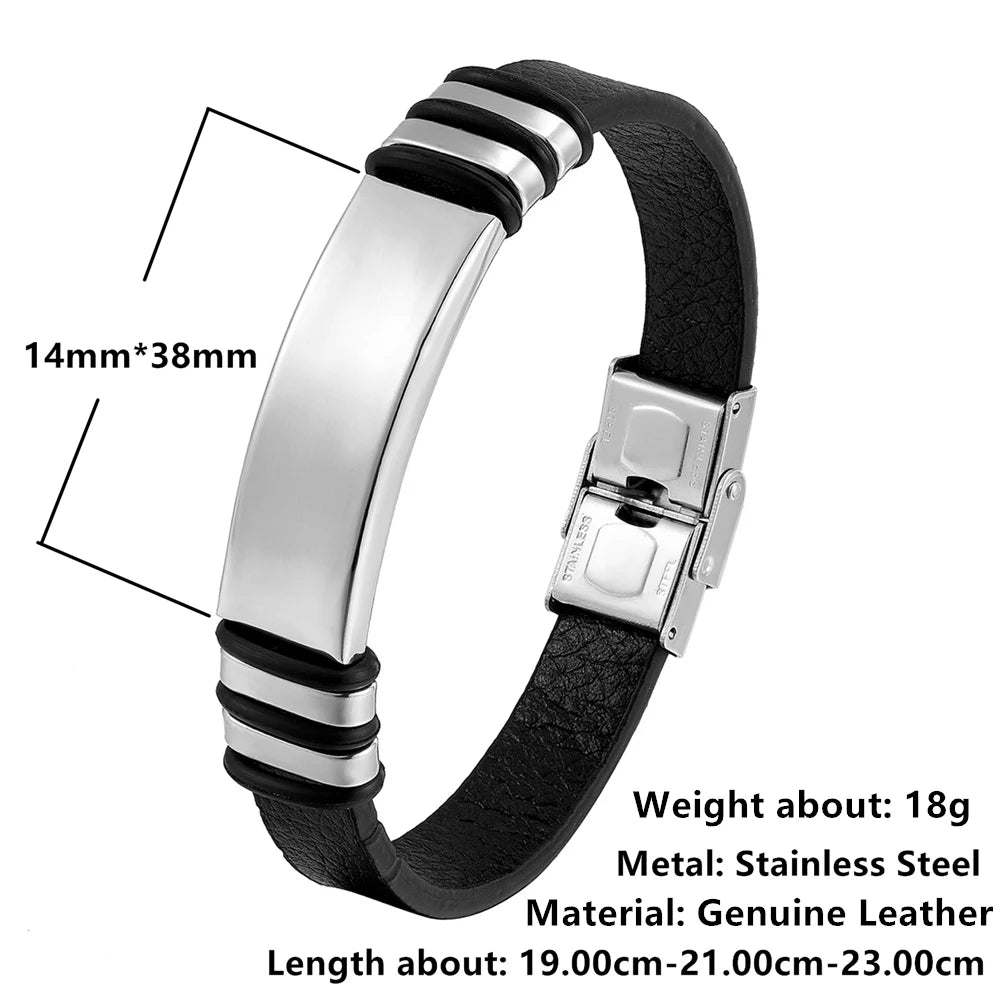 New Fashion Brand Bracelet Stainless Steel Men's Bracelet Black Charm Leather Bracelet Men's Wristband Simple Jewelry Wholesale