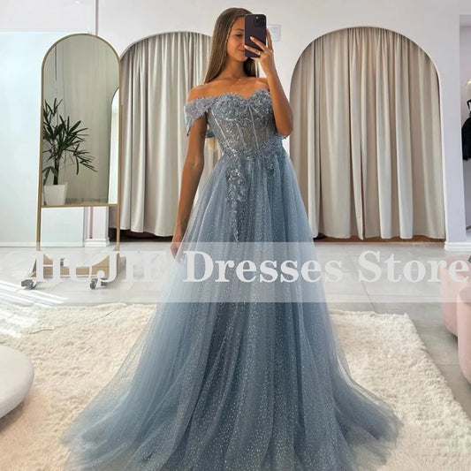 Dusty Blue Prom Dresses Woman 2024 Customized Glitter Tulle Evening Party Dress Formal Occasions Wedding Dress فساتين السهرة