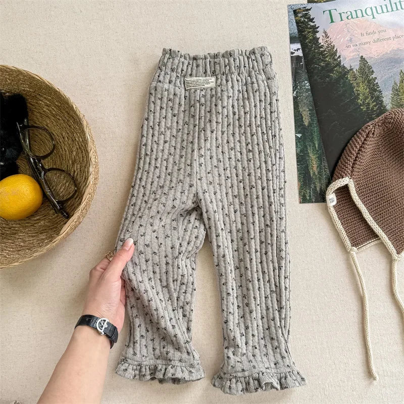 4844 Children Pants 2024 Autumn and Winter New Girls' Winter Plus Velvet Lace Leggings Pants 1-7Year Kid's Pants Trousers