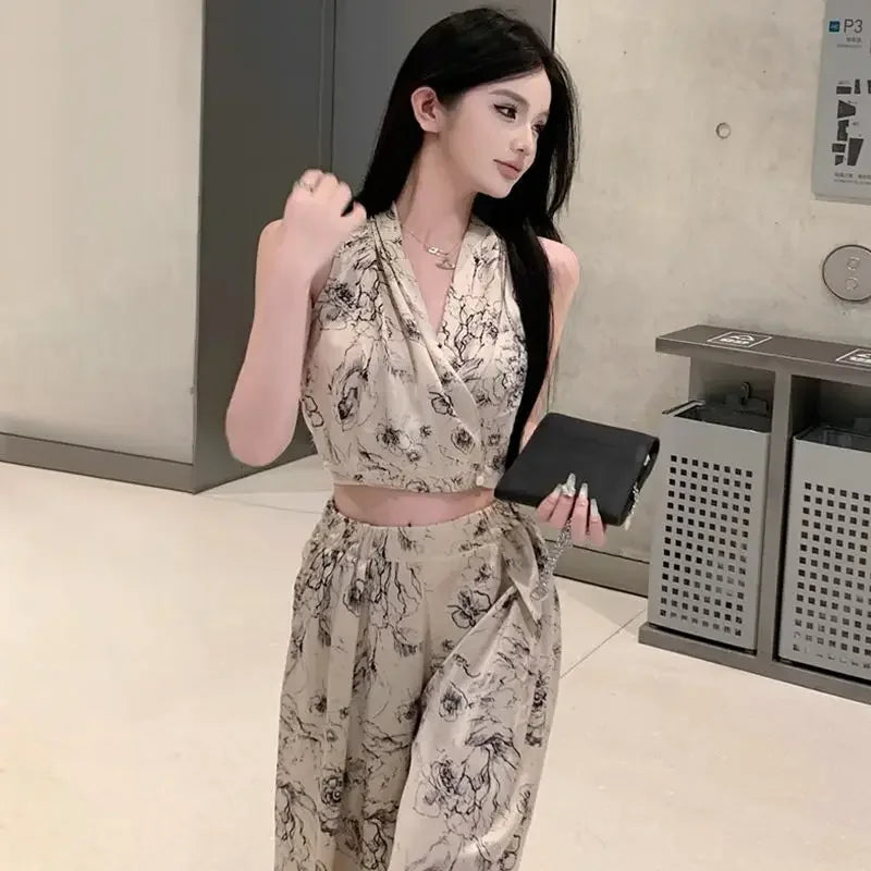 Women's Top And Pants Two Piece Set Summer 2024 Printing Wide Leg Ladies Trouser Y2k Streetwear With Sleeve Offer Korean Style