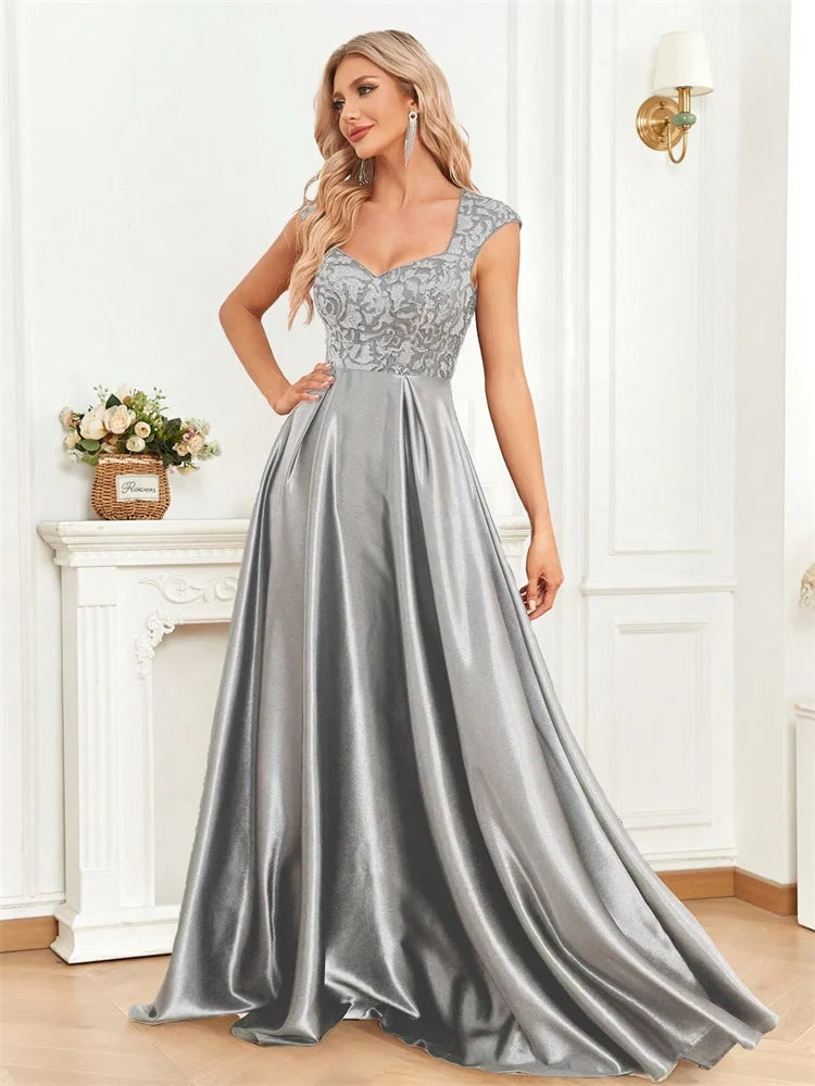 Elegant Sequins Formal Evening Dress For Women 2025 Luxury U-neck Satin Prom Floor Length Cocktail Party Graduation Gowns