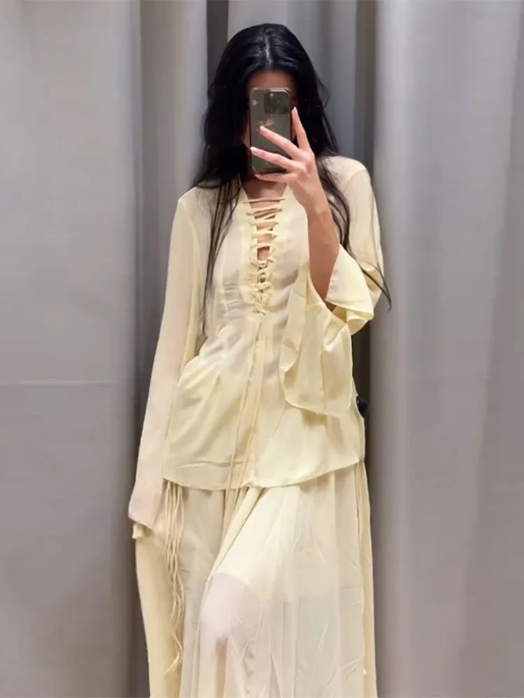 V-Neck Lace Up Shirt Top Yarn Skirt Set Ruffle Pleated Waist Cinched Flared Sleeve Loose Shirts Elastic Waist Blouse Long Skirts