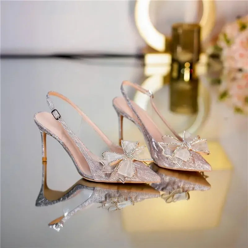 Transparent Thin Heels Women's Shoes Footwear Silver Pointed Toe Sandals for Woman Bow Rhinestones High Summer 2024 Asian Size H