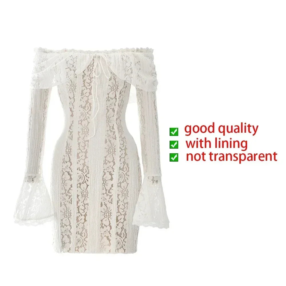Oligai Lace Slim Mini Dress for Women Off The Shoulder Sexy Long Sleeves Club Party Dresses Bodycon Elegant Autumn Dress