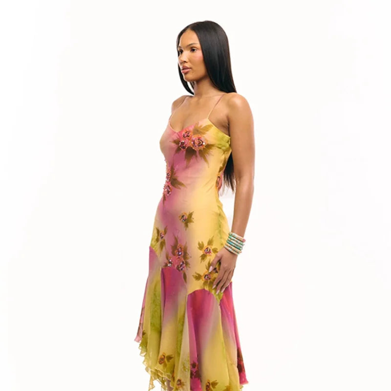 Elegant Folded Lotus Leaf Edge Irregular Hem Dresses Colorful Flowers Sleeveless Slimming Sexy Vestidos Summer High Street Robe