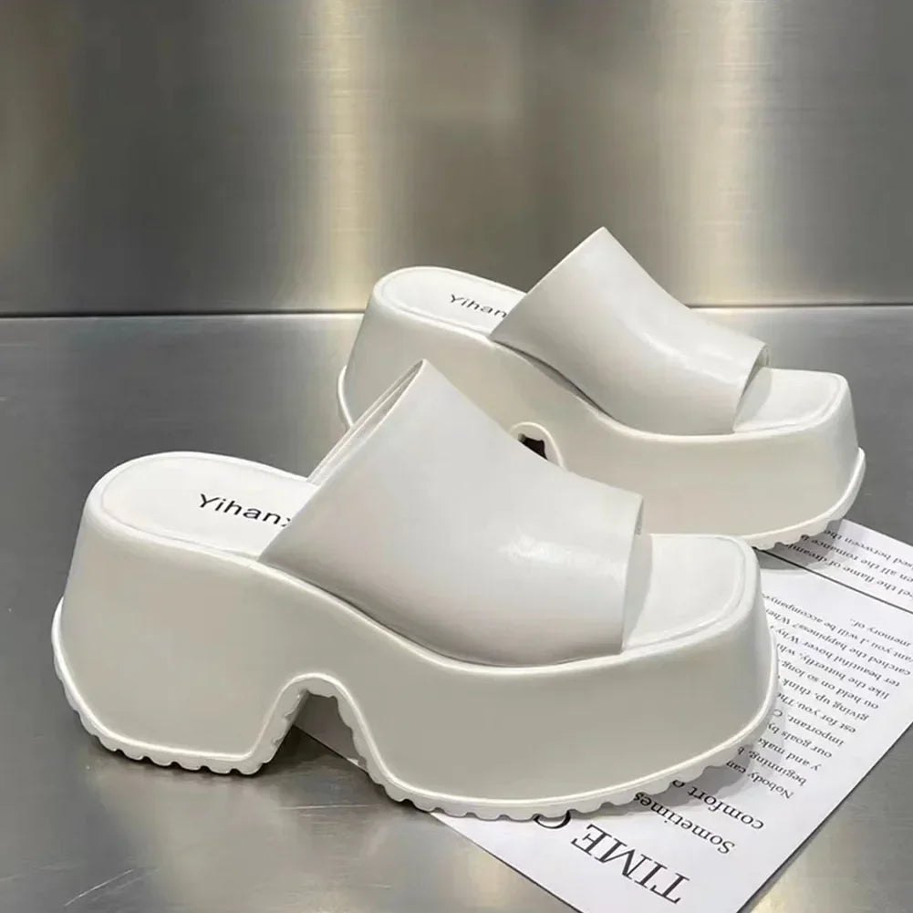 Punk Chunky Heels Mules Shoes Sandals For Women Rivet Platform Slide Sandals Open Toe Summer Street Goth Shoes Beach Shoes