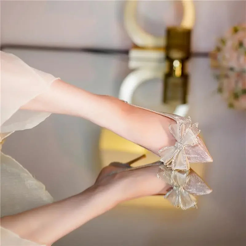 Transparent Thin Heels Women's Shoes Footwear Silver Pointed Toe Sandals for Woman Bow Rhinestones High Summer 2024 Asian Size H