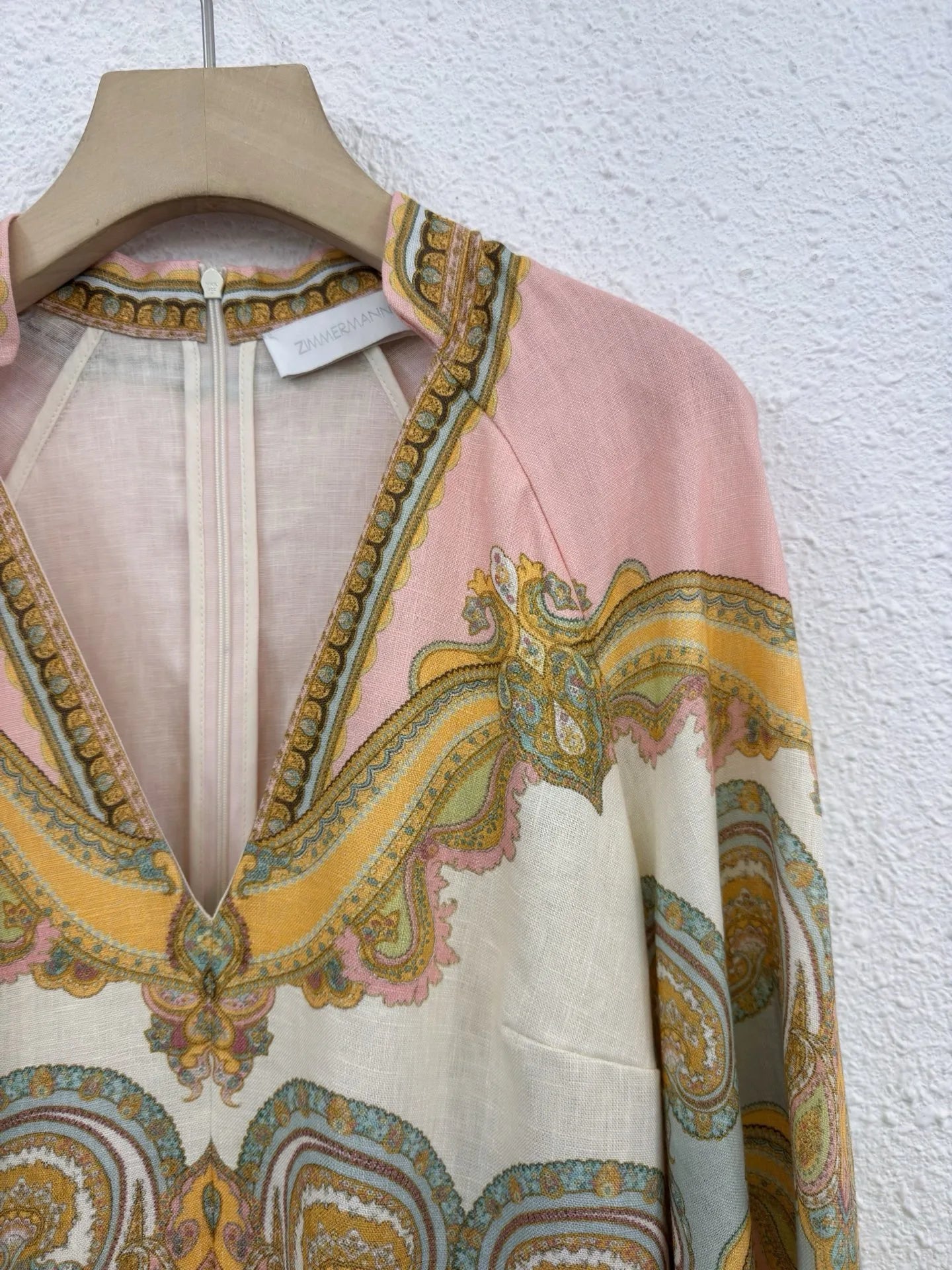 Zimm 100% Linen Luxury European High Quality Women Printing Long Flare Sleeve Mini Dress Bohemian Vintage Sweet Elegant Chic