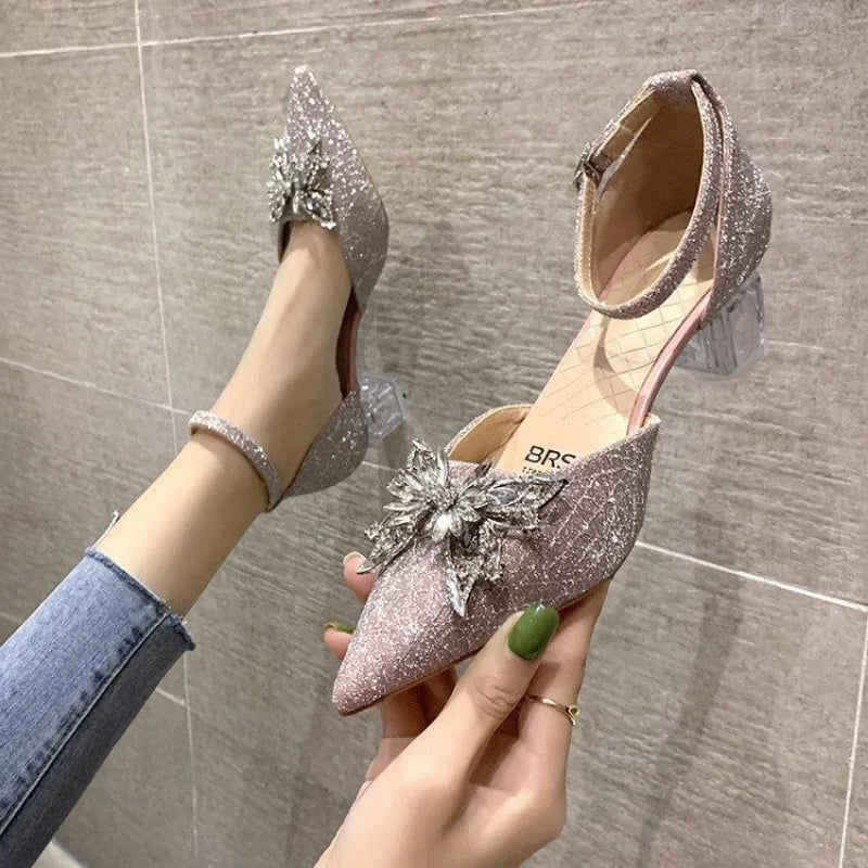 Crystal Silver Footwear Pointed Toe Women's Shoes Summer 2024 Thick Heel Sandals for Woman with Medium Heels Bow Anti Slip Hot F