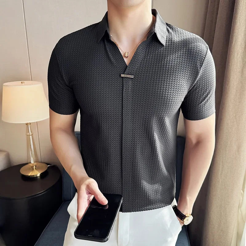 Men Waffle Polo Shirt  British Style  Short Sleeved T-shirt