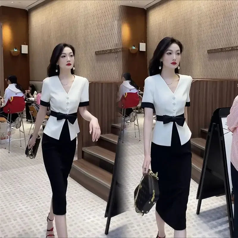 Suits Sexy Skirt Office Female Outfits Midi Women's Two Piece Set Slit Short Sleeve Maxi Long Stylish Clothing Trend 2024 Luxury