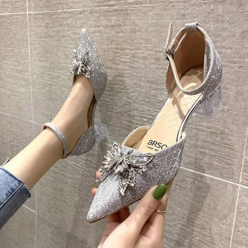 Crystal Silver Footwear Pointed Toe Women's Shoes Summer 2024 Thick Heel Sandals for Woman with Medium Heels Bow Anti Slip Hot F