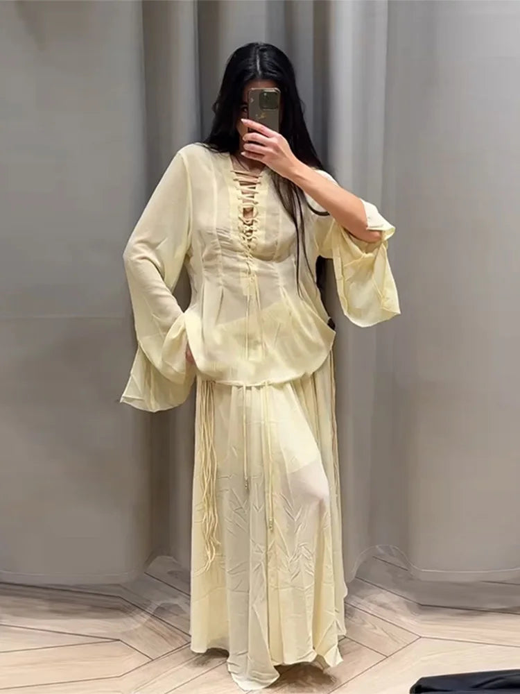 V-Neck Lace Up Shirt Top Yarn Skirt Set Ruffle Pleated Waist Cinched Flared Sleeve Loose Shirts Elastic Waist Blouse Long Skirts