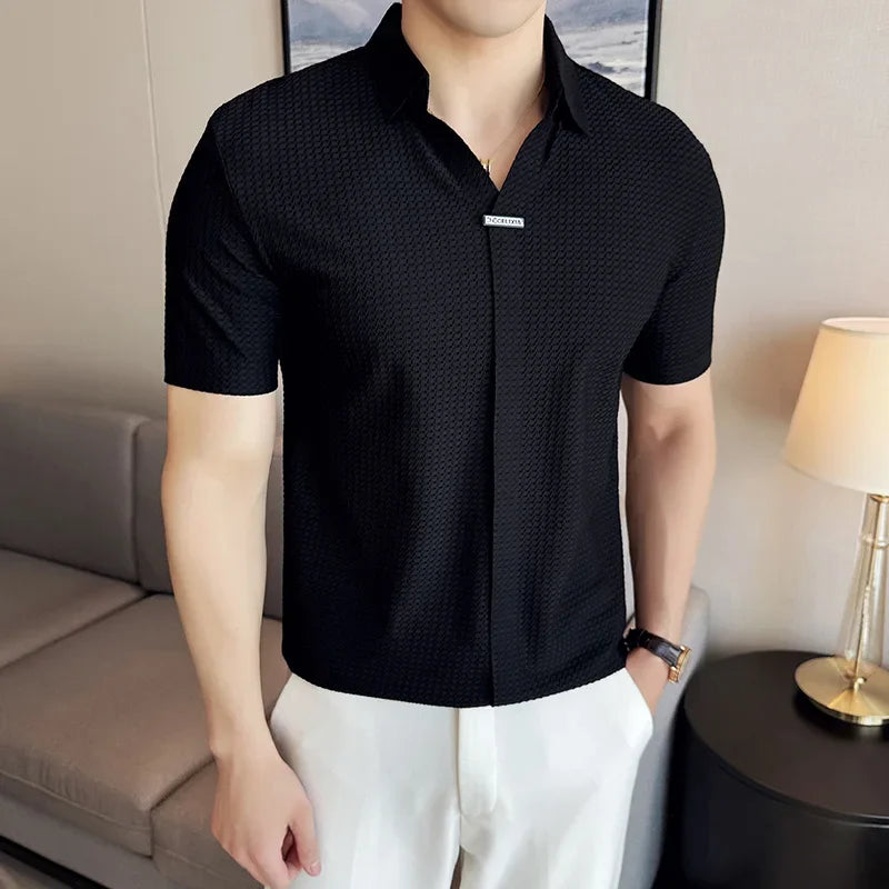 Men Waffle Polo Shirt  British Style  Short Sleeved T-shirt