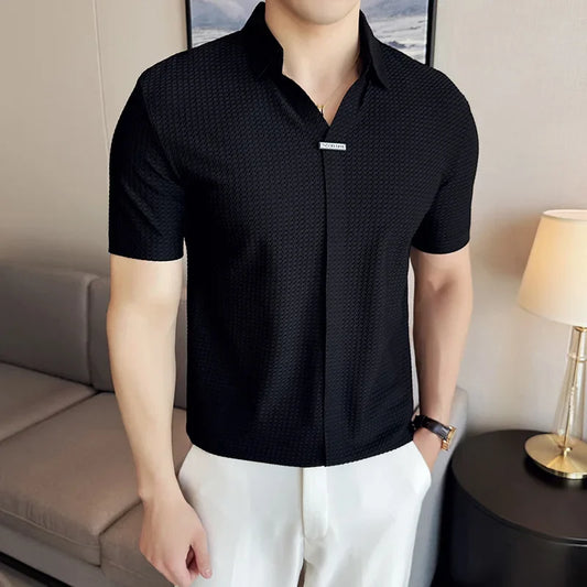 Men Waffle Polo Shirt  British Style  Short Sleeved T-shirt