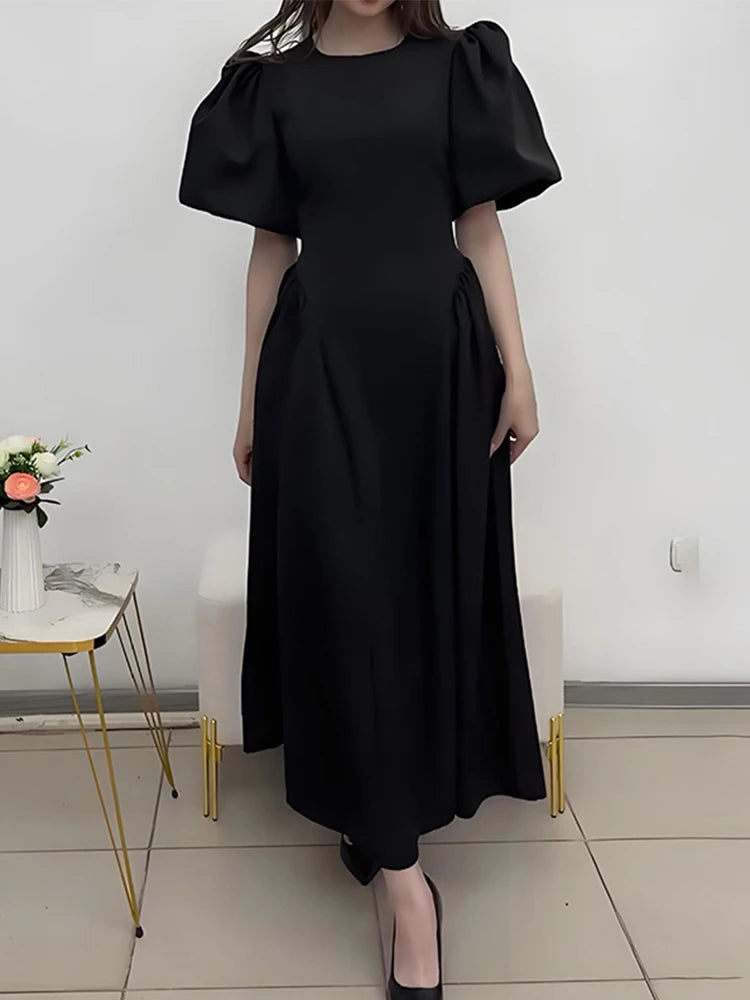 Puff Short Sleeve Solid Women Dresses O Neck A Line Lady Maxi Dress 2024 Fashion Elegant Vintage High Waist Female Vestidos