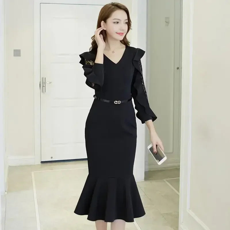 Chiffon Dresses for Women Lace Midi X Korean Style Elegant Chic Beautiful Fashion Designer Hot Vintage G Woman Long Sleeve Dress