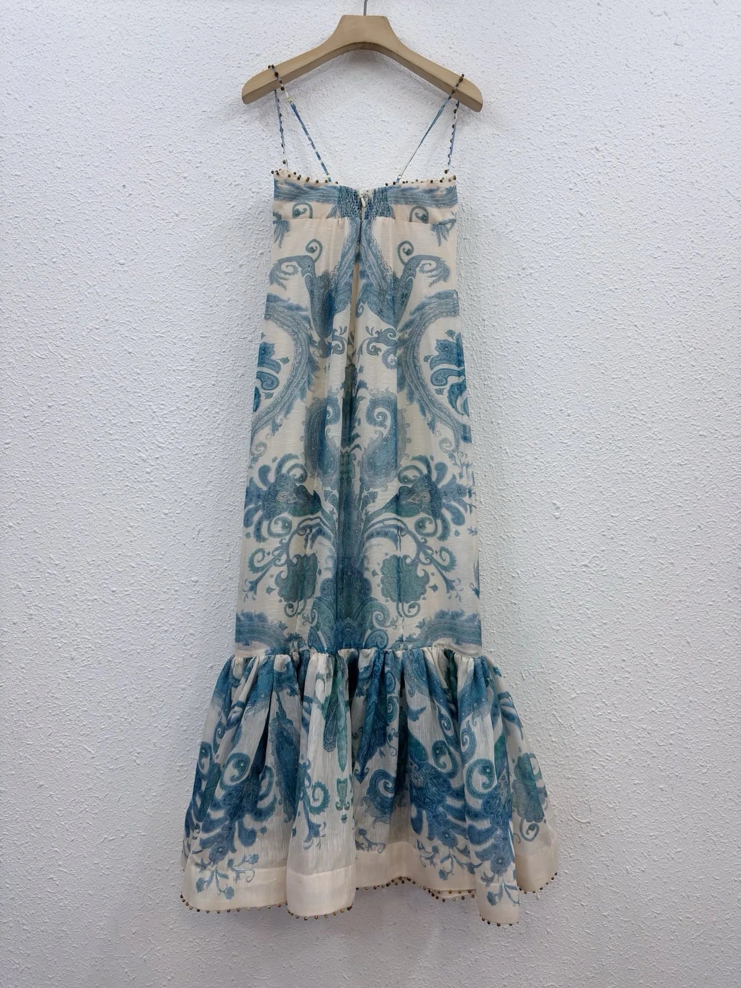 Zimm Silk Linen Embroidered Flares Printing Spaghetti Strap Women Midi Dress European High Quality Bohemian Vintage Sexy Sweet