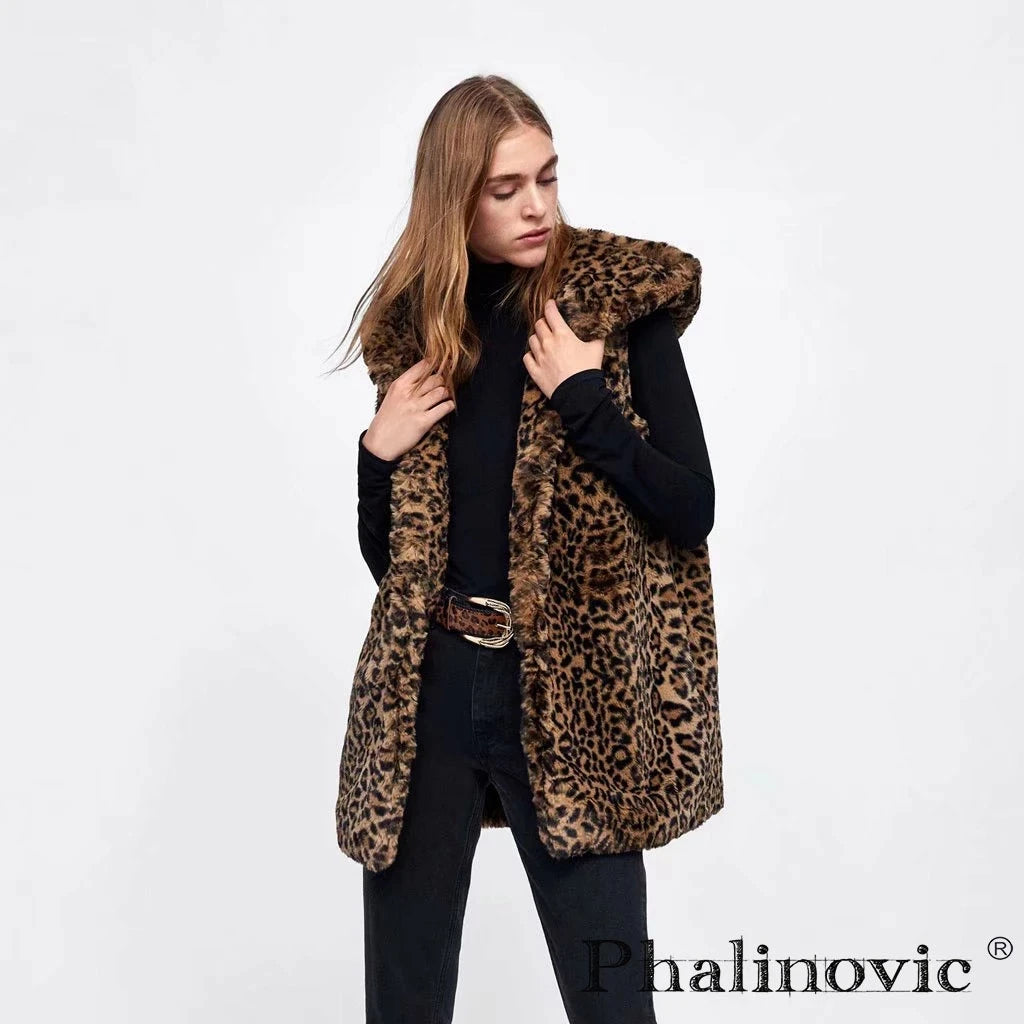 Leopard Hooded Faux Fur Vest Women 2022 New Designed Body Warmer Ladies Luxury Winter Furry Artificial Rabbit Coats Outwear 5XL
