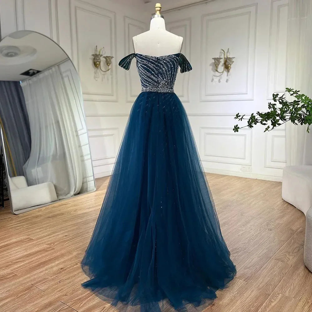 Serene Hill Blue Boat Neck Split Mermaid Elegant Beaded Arabic Evening Dresses Gowns For Party 2024 GLA71858 Customized