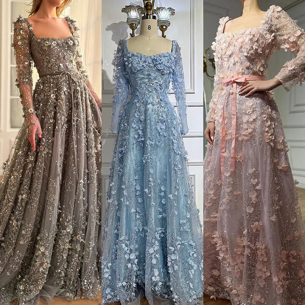 Customized 2025 Arabic Gray Lace-Up A-Line Elegant Appliques Luxury Beaded Evening Dresses For Women Wedding Party LA72657