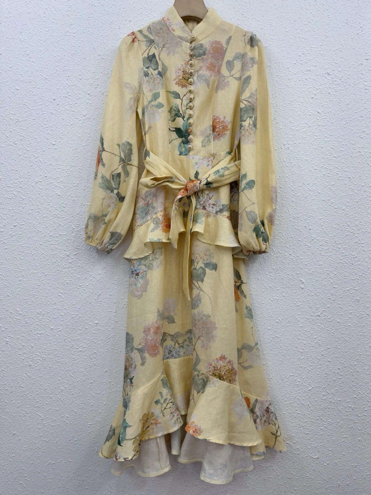 Zimm 100% Linen Long Puff Sleeve Runway Designer Lace-up Floral Printing Women Midi Dress Chic Vintage Bohemian Elegant Luxury