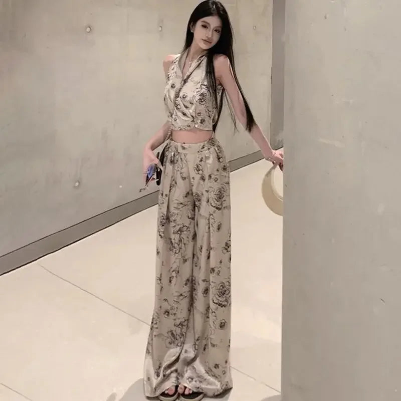 Women's Top And Pants Two Piece Set Summer 2024 Printing Wide Leg Ladies Trouser Y2k Streetwear With Sleeve Offer Korean Style
