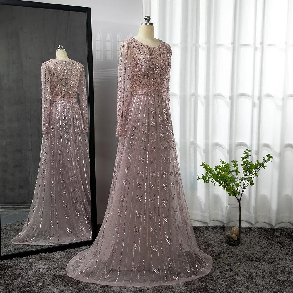 Pink Mermaid Elegant O-Neck Long SleevesEvening Dresses Gowns Luxury Beaded 2024 For Woman Party Customized