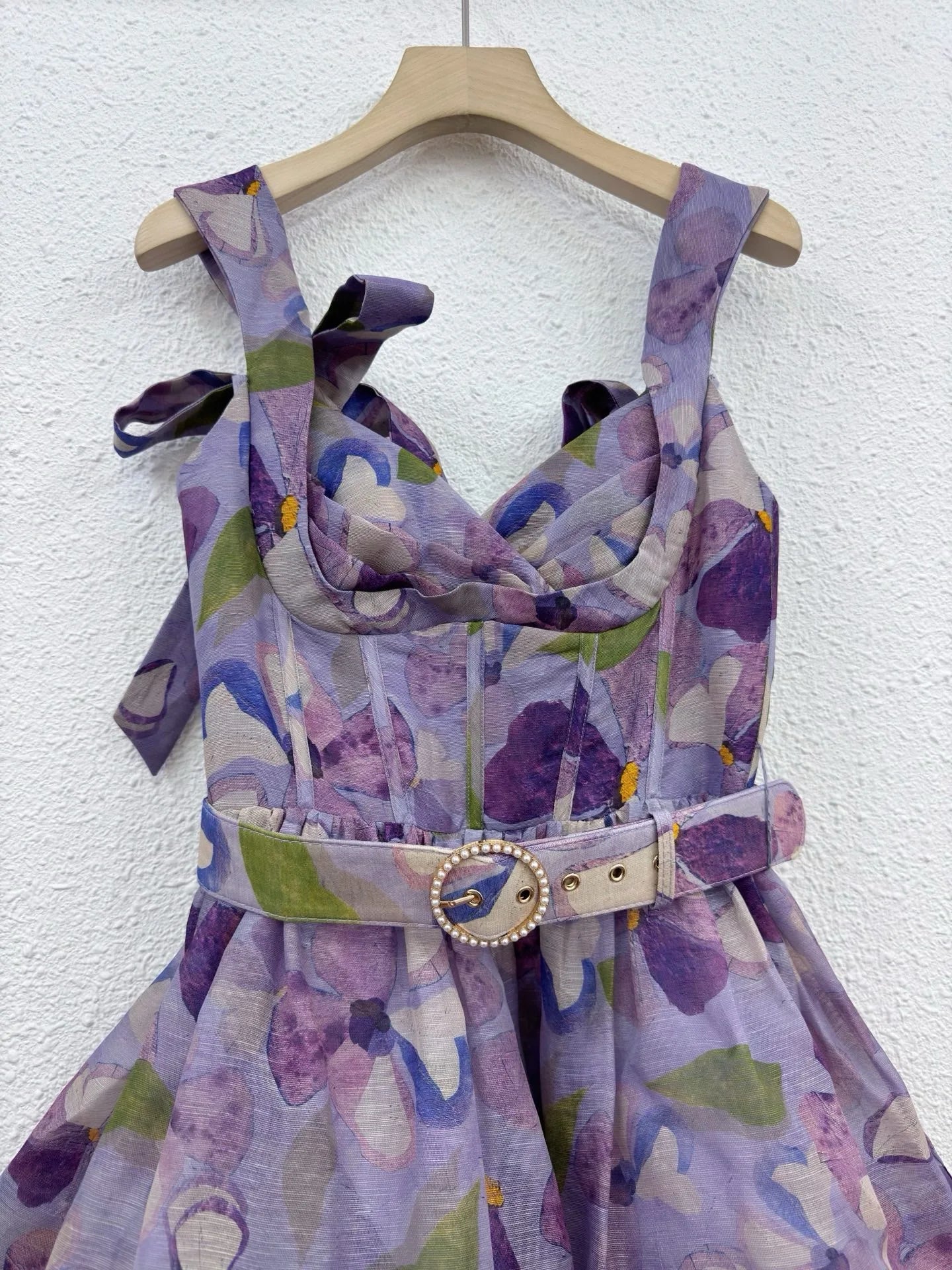 Zimm High Quality Lace-up Women Silk Linen Printing Spaghetti Strap Mini Dress with Belt European Bohemian Vintage Sexy Sweet