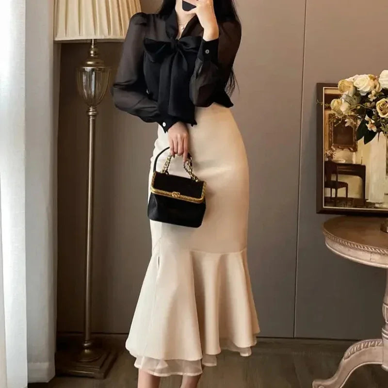 Woman Long Sleeve Dress Bow Dresses for Women Splicing Korean Style Elegant Party Xxl New In Retro Curvy Thic Chic Kpop Pretty X