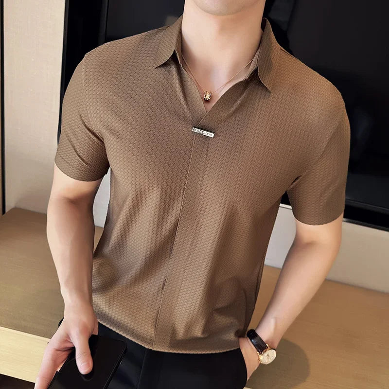 Men Waffle Polo Shirt  British Style  Short Sleeved T-shirt