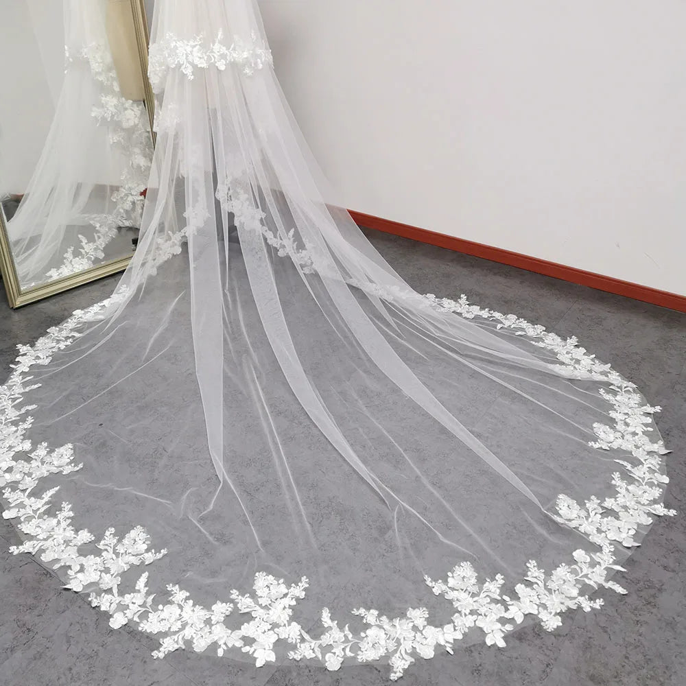 Customized Real Photos 3m/3.5m/4m Lace Edge Wedding Veil with Blusher 2 Tiers  Comb Ivory/White  for Wedding