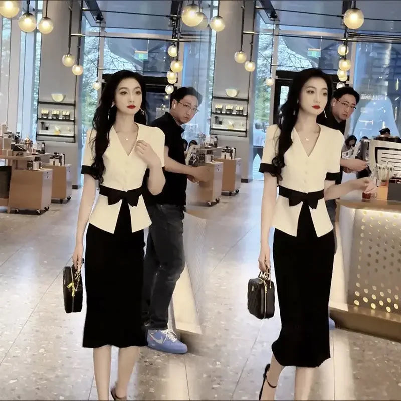 Suits Sexy Skirt Office Female Outfits Midi Women's Two Piece Set Slit Short Sleeve Maxi Long Stylish Clothing Trend 2024 Luxury