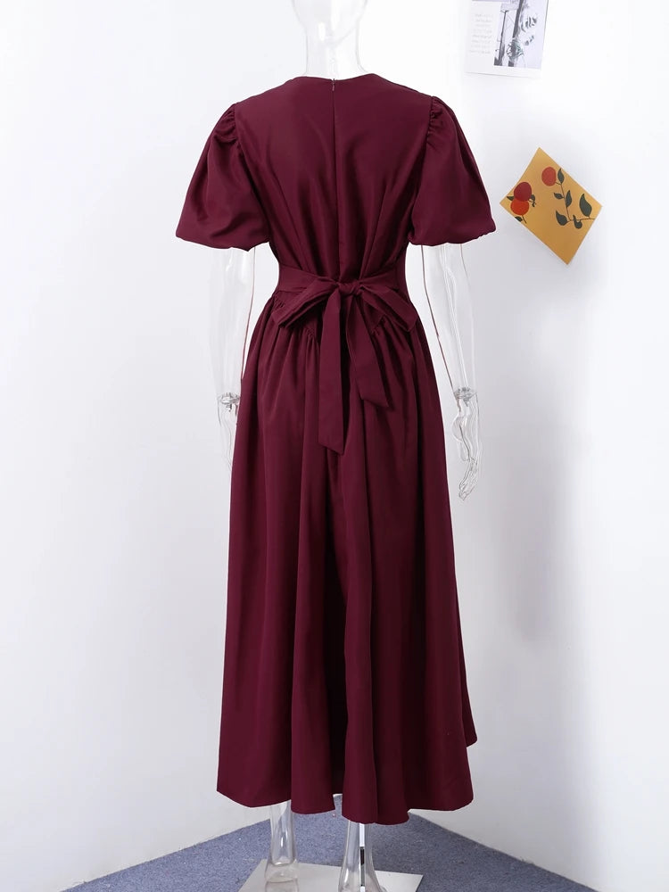 Puff Short Sleeve Solid Women Dresses O Neck A Line Lady Maxi Dress 2024 Fashion Elegant Vintage High Waist Female Vestidos