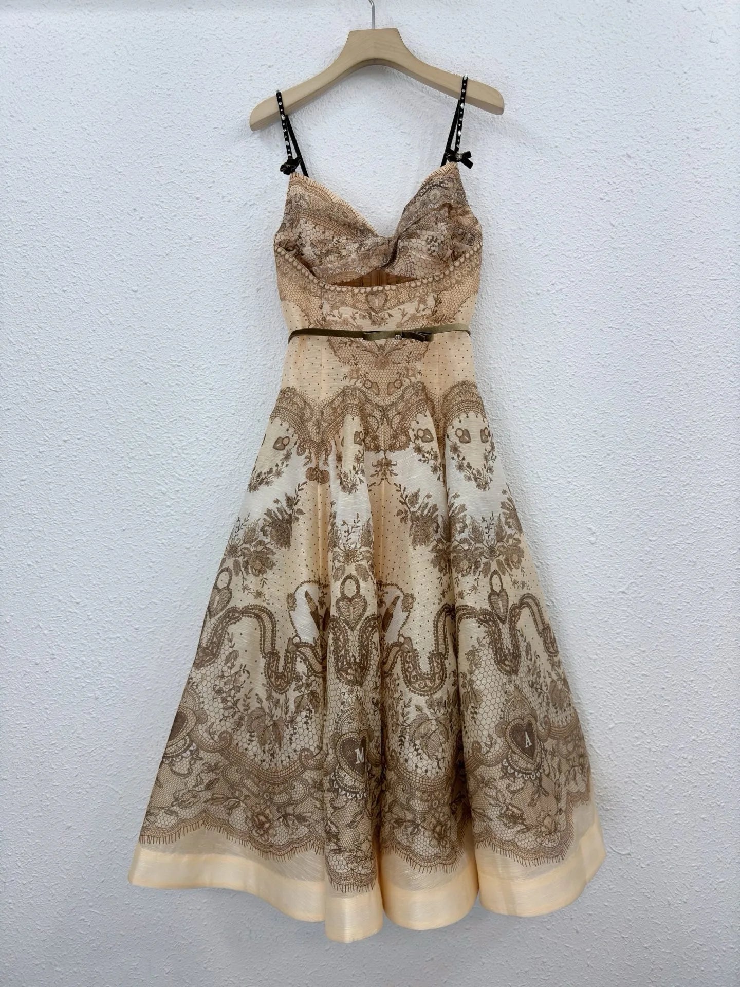 Zimm High Quality Hollow Out Silk Linen Printing Spaghetti Strap Women Midi Dress European Bohemian Vintage Sexy Sweet Elegant