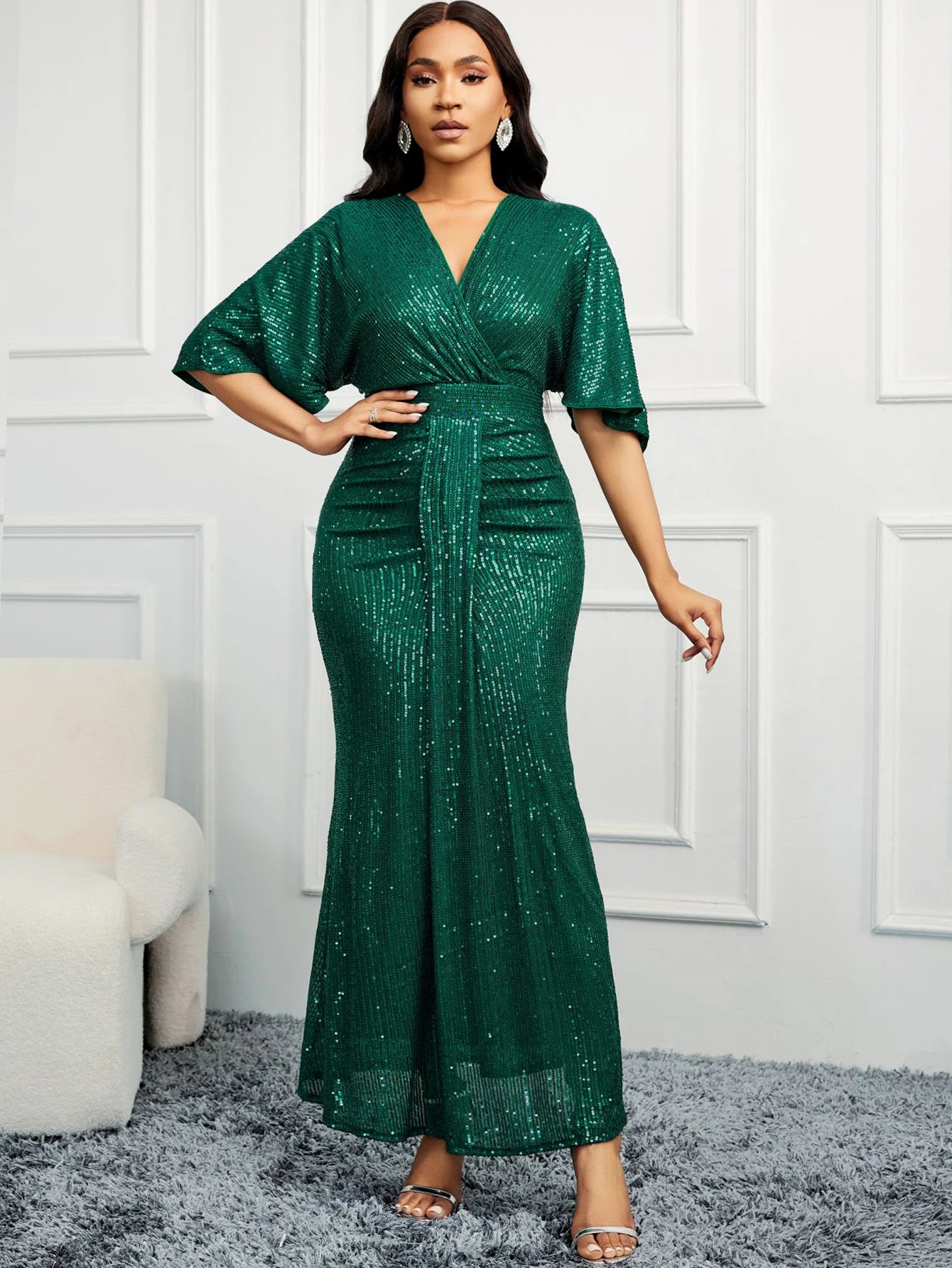 Women Sequin Dress elegant V-Neck