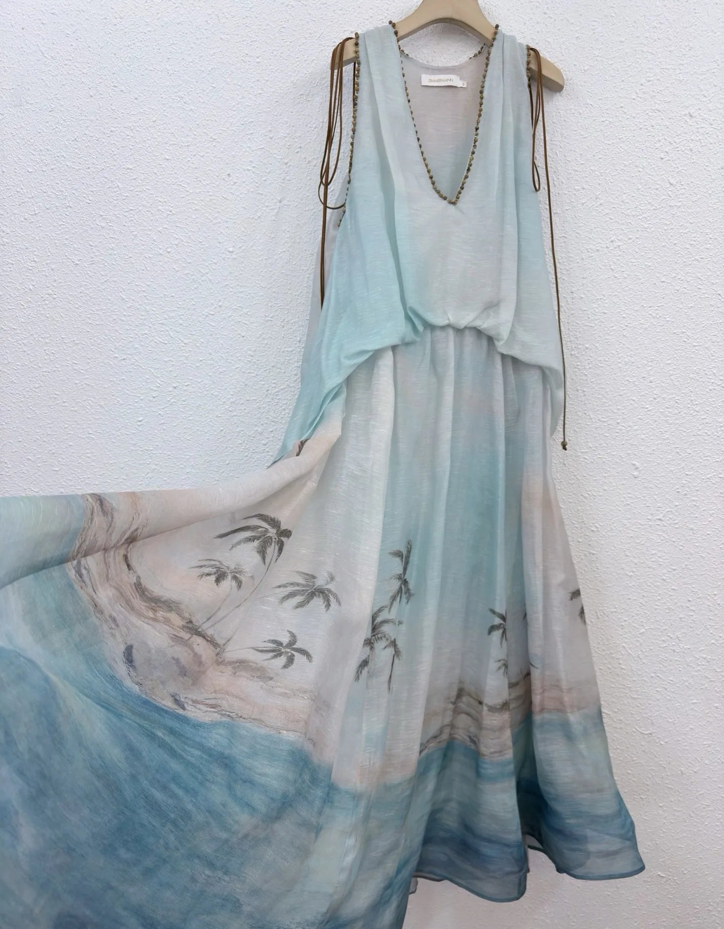 Zimm Printing V-Neck Silk Linen Women Sleeveless Midi Dress Vintage Bohemian Elegant Luxury Runway Designer Sweet