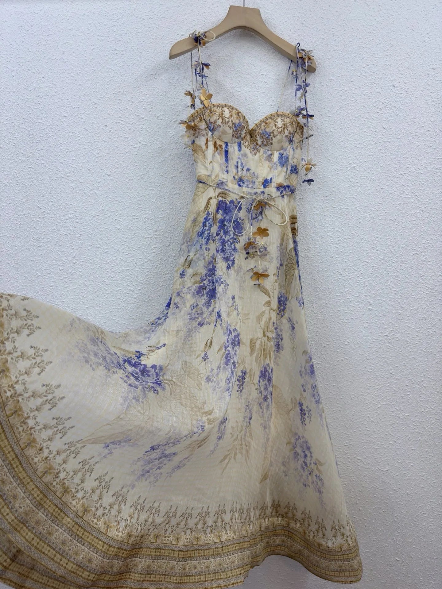 Zimm Bohemian Vintage Luxury Silk Linen Floral Printing Spaghetti Strap Midi Women Dress Chic European High Quality  Sexy Sweet