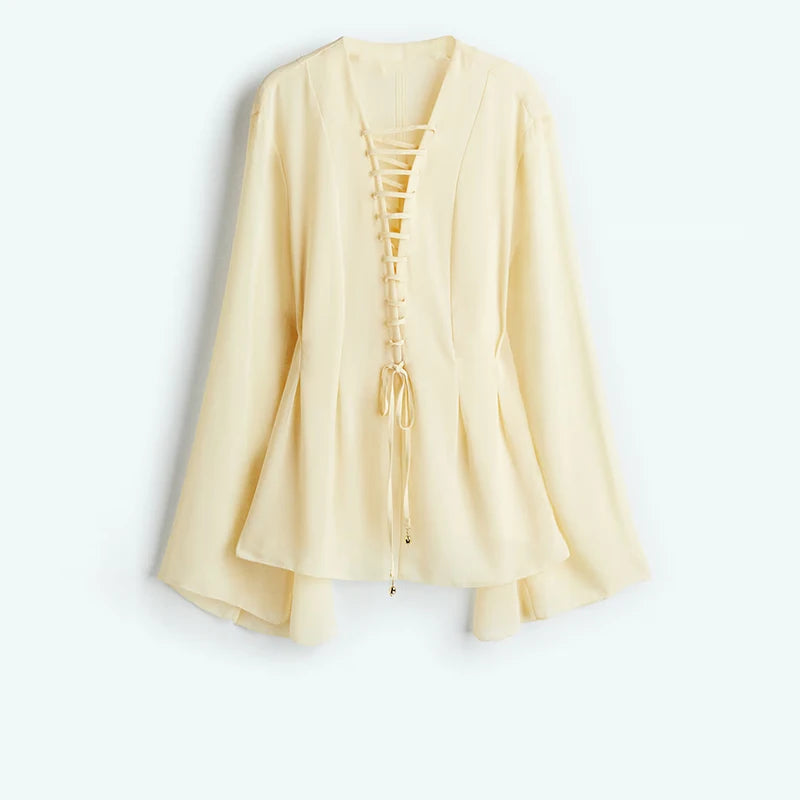 V-Neck Lace Up Shirt Top Yarn Skirt Set Ruffle Pleated Waist Cinched Flared Sleeve Loose Shirts Elastic Waist Blouse Long Skirts