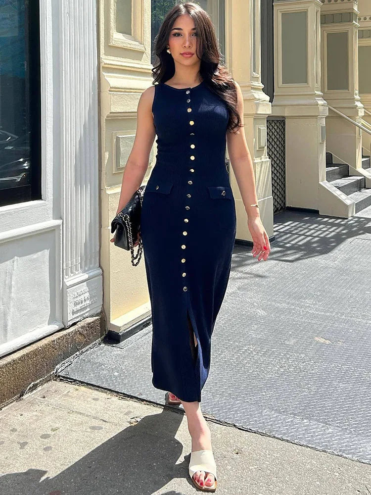 Knit Ribbed Cardigan Maxi Dress Female High Waist Slim Pocket Sleeveless Elegant Party Dress Women's Knitwear Long Dress