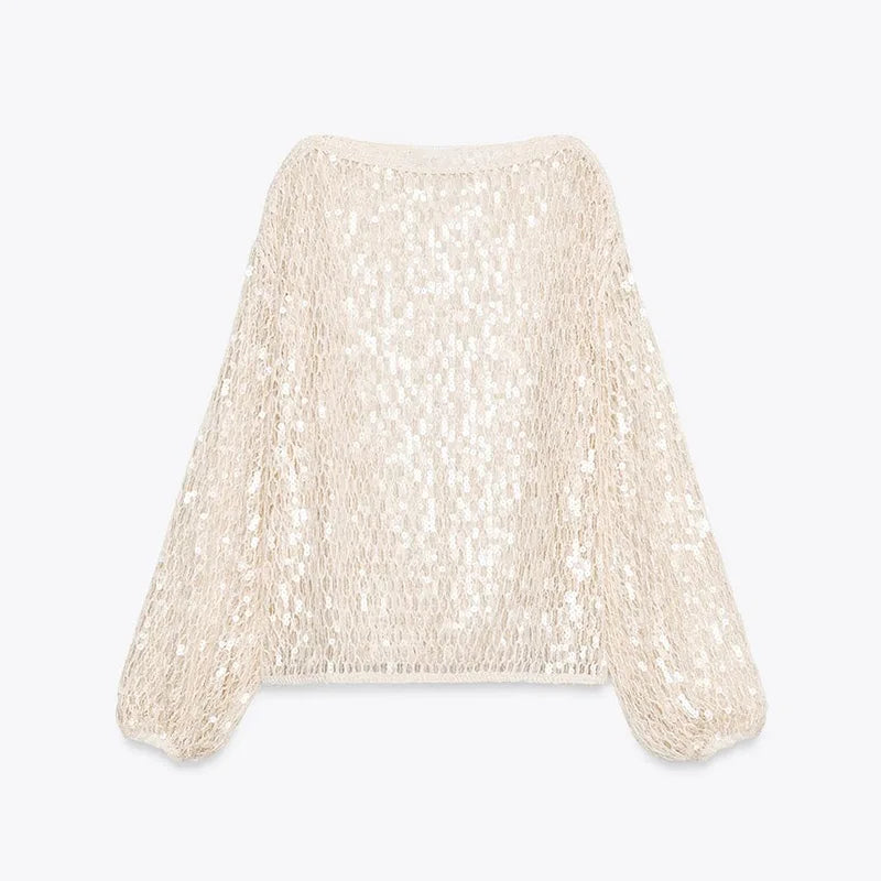 Sequin Mesh Top T-Shirt Knitted Hollowed Out Beads Sparkling Round Neck Long Sleeves Loose Women Short Blouse Knitwear Pullover