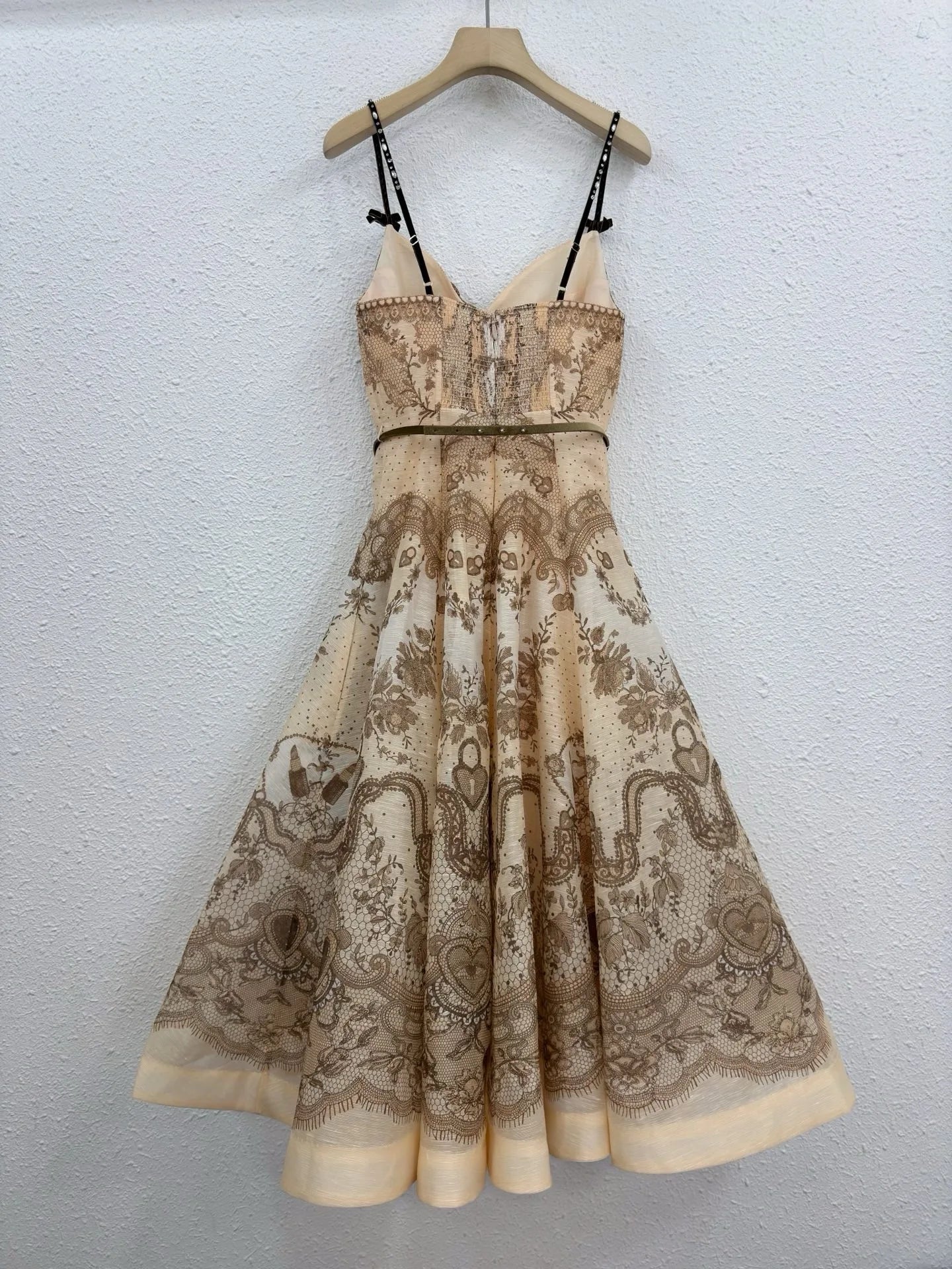 Zimm High Quality Hollow Out Silk Linen Printing Spaghetti Strap Women Midi Dress European Bohemian Vintage Sexy Sweet Elegant