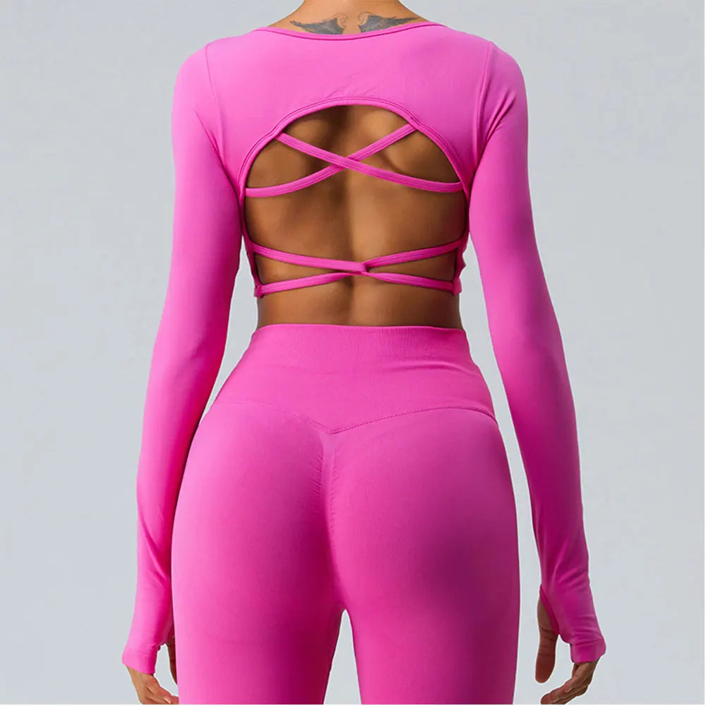 Sexy Women's Backless Shirt Seamless Crop Top Fitness Shirts Long Sleeve Gym Workout Sports Top Woman Front Yoga Tops Activewear